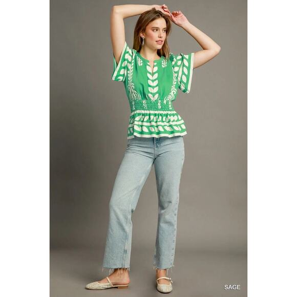 Umgee Boho Peplum Smocked Waist Blouse - Picture 2 of 5